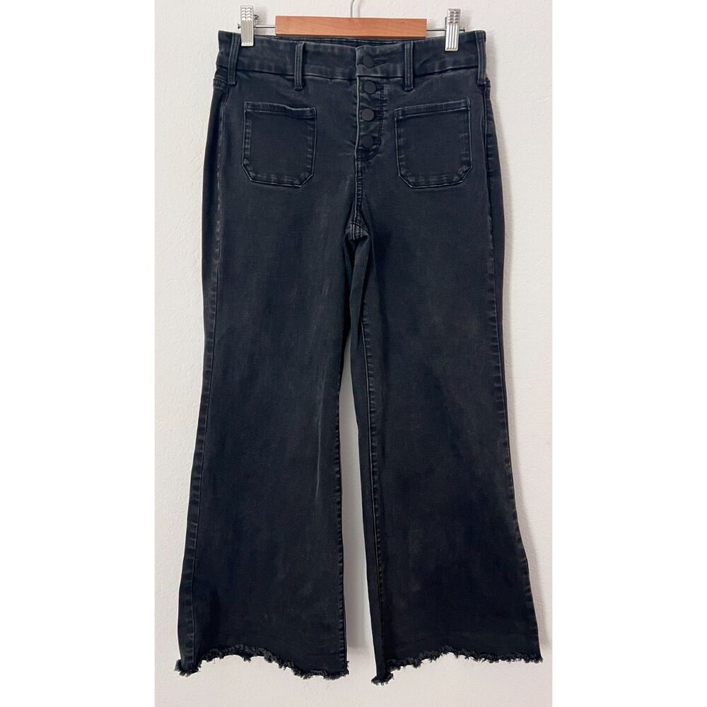 NYDJ Wide Leg Bootcut Cropped Button Fly Denim Black Jeans Raw Hem Stretch 4